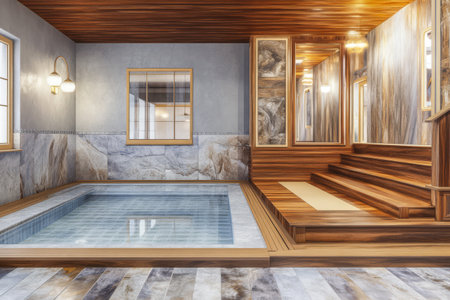 A tranquil wellness area features a modern pool surrounded by elegant wooden designs and soft lighting. This calming space invites relaxation and rejuvenation perfect for unwinding.の素材
