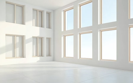 This spacious interior features large windows allowing natural light to flood in. The minimalist design emphasizes the clean lines and airy atmosphere creating a tranquil setting.の素材