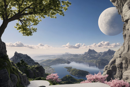 A breathtaking landscape showcases dramatic mountains surrounding a serene lake.の素材