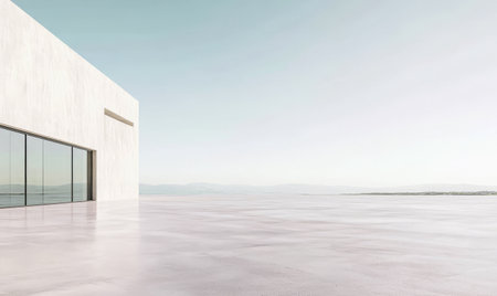 Expansive glass floor reflects a tranquil sunset over distant mountains emphasizing the minimalist architecture of the building. Soft colors create a peaceful and inviting atmosphere.の素材