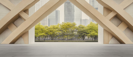 An architectural structure forms a geometric frame around vibrant greenery juxtaposed against tall skyscrapers in a bustling urban area. The scene captures the harmony of nature and modern design.の素材