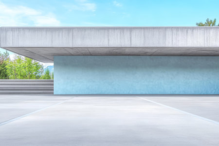 A sleek pavilion stands isolated against a serene backdrop. The minimalist structure features a prominent flat roof and smooth walls enhancing the tranquil atmosphere.の素材
