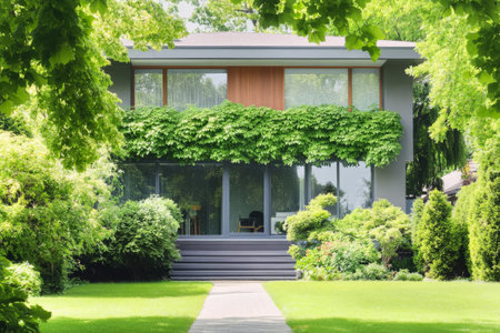 A contemporary house with large windows is set amidst a vibrant garden. The building features a green canopy of climbing plants above the entryway.の素材