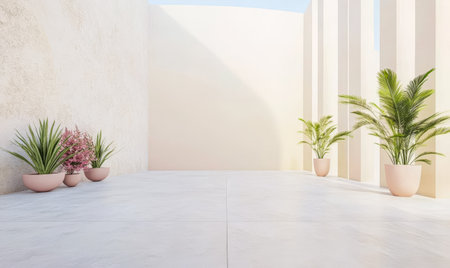 This serene outdoor area features minimalistic design with light-colored walls elegant planters and lush greenery creating a peaceful ambiance perfect for relaxation or meditation.の素材