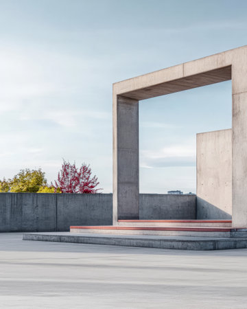 A minimalist concrete architectural design showcases large geometric shapes in a tranquil outdoor setting. Surrounding trees with autumn foliage enhance the peaceful atmosphere.の素材