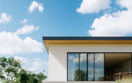 This contemporary home features expansive windows allowing natural light to illuminate the interior. A clear blue sky and fluffy white clouds provide a serene backdrop to the structure.の素材