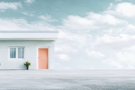 A serene modern house with a striking orange door stands against a backdrop of fluffy clouds in the sky. The calm atmosphere suggests peace and solitude inviting exploration.の素材