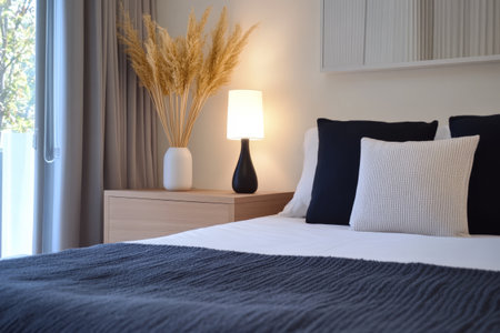 A well-decorated bedroom showcases a minimalist style with a comfortable bed elegant lighting and a touch of nature from decorative plants. Soft textiles enhance the inviting atmosphere.の素材