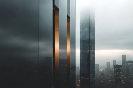 Tall sleek buildings rise above a misty city landscape at dusk. The reflections on the glass enhance the dramatic atmosphere of the skyline enveloped in low-hanging clouds.の素材