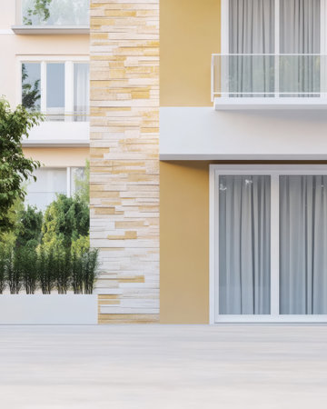 A contemporary residential building features a stylish facade of stone and warm colors. Lush greenery surrounds the entrance creating a welcoming atmosphere during the daytime.の素材