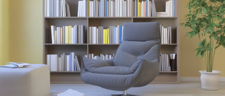 A comfortable gray armchair is positioned in a bright room with a well-organized bookshelf.の素材