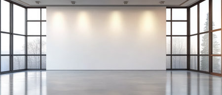 A spacious gallery features a blank white wall illuminated by natural light from large windows. The polished concrete floor complements the minimalistic interior design creating a serene atmosphere.の素材