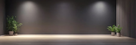 A spacious minimalist interior features a dark wall soft lighting from above and potted plants on either side. The wooden floor creates a warm and inviting atmosphere.の素材