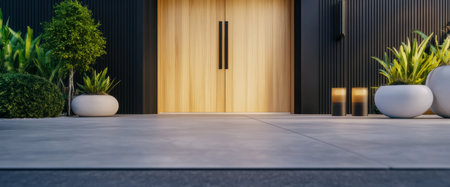 A sleek and stylish entrance showcases a wooden door flanked by modern planters. Soft lighting and greenery create a welcoming atmosphere in this contemporary setting.の素材