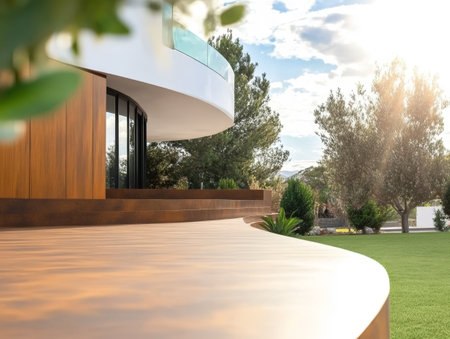A stunning contemporary structure features smooth wooden accents and large windows surrounded by lush greenery. The warm sun casts a golden glow over the tranquil yard.の素材