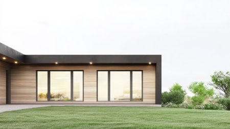 A contemporary residential building features expansive glass windows showcasing elegant design. Surrounding the structure is a neatly kept lawn with lush greenery creating a peaceful atmosphere.の素材