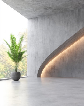 A spacious interior showcases a minimalist design with a curved wooden feature and a potted palm plant. Soft natural light streams in through large windows enhancing the serene atmosphere.の素材