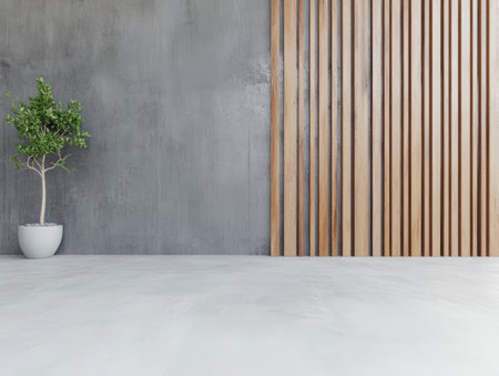 A contemporary interior showcases a sleek minimalistic design featuring a small potted tree beside a wooden slat wall. The polished concrete floor enhances the modern aesthetic.の素材