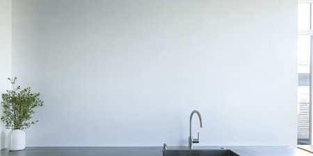 A sleek modern kitchen showcases a simple sink positioned against a spacious bright wall. A small green plant in a vase adds a touch of nature to the minimalist design.の素材