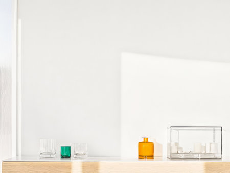 A simple yet elegant arrangement showcases colorful glassware and a glass candle holder on a wooden surface illuminated by sunlight streaming through a nearby window.の素材