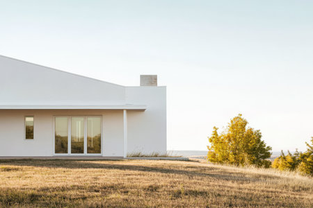 A modern white house stands elegantly in a serene setting surrounded by grassy land and trees. The early morning light creates a peaceful atmosphere reflecting simplicity and beauty.の素材
