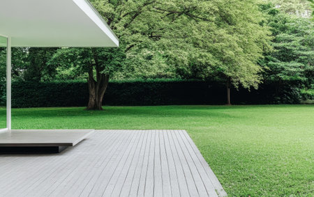 A sleek outdoor space showcases minimalist design with an elegant wooden deck. Surrounding trees frame the area creating a tranquil atmosphere perfect for relaxation and enjoyment.の素材