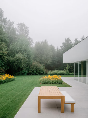 A minimalist patio showcases a sleek wooden bench beside a lush green lawn filled with vibrant yellow flowers. Surrounding trees create a tranquil atmosphere on a foggy day.の素材