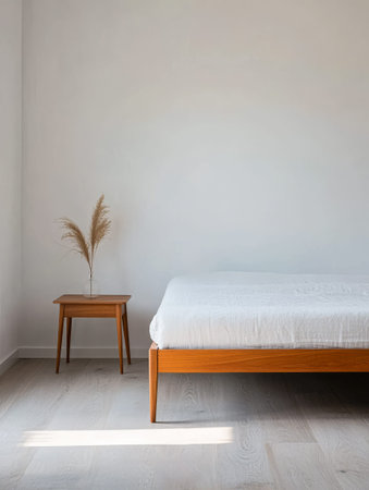 A cozy bedroom featuring a wooden bed frame with a plain mattress accompanied by a small bedside table holding a decorative plant. The light-toned floor enhances the minimalistic design.の素材