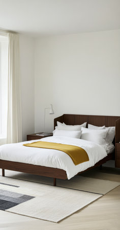 A stylish bedroom showcases a wooden bed with white bedding and a mustard yellow throw. Large windows fill the space with natural light enhancing the minimalist aesthetic and clean lines.の素材