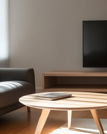 Bright and airy living room showcasing a sleek wooden coffee table a modern couch and a flat-screen television on a minimalist stand. Soft sunlight filters through sheer blinds.の素材