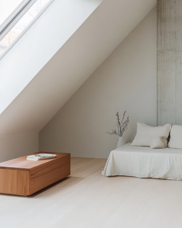A serene attic space features a cozy bed with neutral bedding a wooden coffee table and soft lighting from large windows. A touch of nature is added with a small plant.の素材
