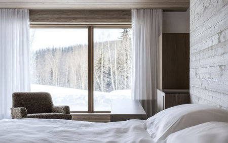 A warm and inviting bedroom features a soft bed and a comfortable chair. Through a large window a snowy forest landscape is visible capturing the essence of winter tranquility.の素材