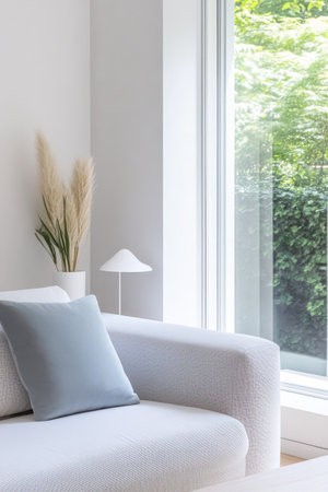 A bright and airy living room features a white couch adorned with a light blue pillow. Tall green plants are visible through large windows emphasizing a peaceful indoor atmosphere.の素材