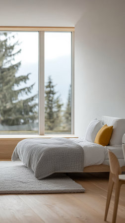 A bright bedroom features a comfortable bed dressed in soft linens and a decorative pillow. Large windows flood the room with natural light showcasing beautiful trees outside.の素材