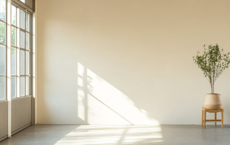 Soft sunlight streams through large windows illuminating a spacious minimalist room. A lone potted plant adds a touch of greenery to the serene atmosphere.の素材
