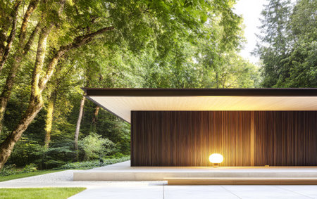 A contemporary wooden building with a sleek design is nestled in a vibrant green forest. Natural light illuminates the exterior as trees provide a serene backdrop creating a tranquil atmosphere.の素材