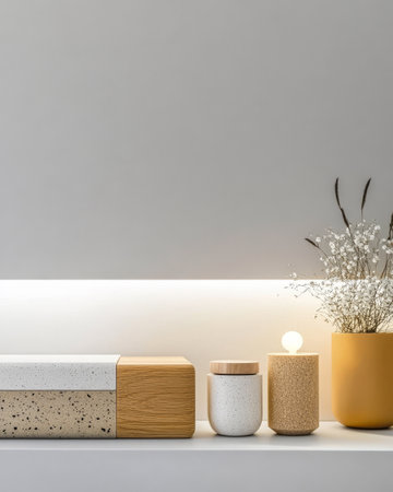A stylish display of modern decor featuring a concrete block wooden accents decorative jars and a potted plant with delicate flowers. The soft lighting enhances the calm atmosphere.の素材