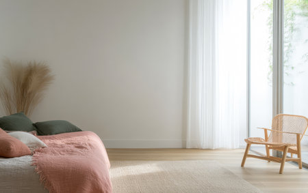 A cozy bedroom features a bed with soft blankets natural light streaming through large windows and a simple rattan chair beside the earthy tones of the decor creating a peaceful atmosphere.の素材