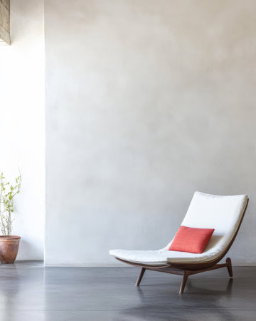 A sleek white lounge chair with a red accent cushion is positioned in a bright minimalist room. Sunlight casts soft shadows on the smooth concrete floor creating a serene atmosphere.の素材