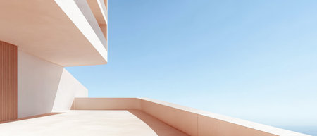 A spacious terrace features minimalist design with smooth lines and neutral colors stretching out toward the bright blue ocean under a clear sky. Perfect for relaxation and enjoying the views.の素材