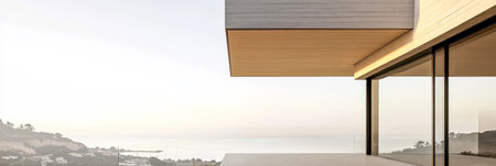 A contemporary structure showcases sleek lines and large glass panels offering breathtaking views of the ocean as the sun sets on the horizon. The serene landscape enhances the elegant design.の素材