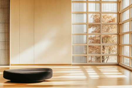 Natural light floods a spacious minimalist room featuring a round black ottoman. Large windows frame a view of golden autumn foliage outside creating a warm atmosphere.の素材
