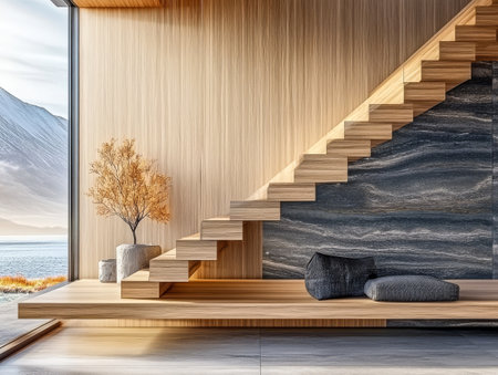 A contemporary interior showcases sleek wooden stairs leading to a large window revealing a stunning lakeside landscape. Soft furnishings add warmth to the serene atmosphere.の素材