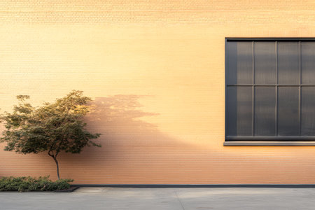 A warm textured brick wall colored in shades of peach features a large black window. A small tree stands nearby casting a soft shadow on the ground in a quiet urban area.の素材