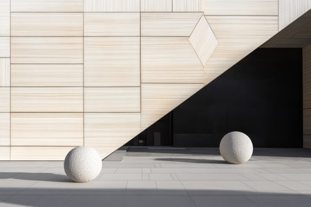 A modern building showcases a unique textured wall design with geometric shapes complemented by two large spherical sculptures on the ground basking in bright sunlight.の素材