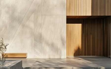 A modern building entrance combines smooth stone and warm wood textures with shadows playing across the surfaces. The design emphasizes simplicity and elegance in sunlight.の素材