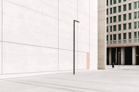 A modern urban environment showcases large concrete walls and geometric architecture. A solitary figure walks along the pavement highlighting the scale of the buildings surrounding them.の素材