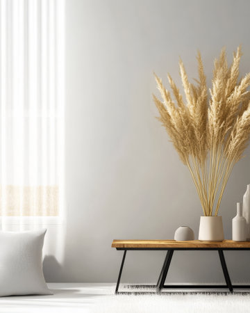 A stylish living room featuring a wooden table adorned with pampas grass in a vase. The soft neutral tones create a calm atmosphere complemented by minimal decor and natural light.の素材