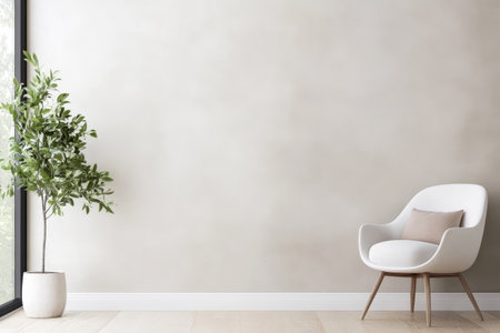 A modern airy room showcases a sleek white chair paired with a soft cushion positioned next to a tall plant. Bright sunlight streams in through a large window creating a serene atmosphere.の素材