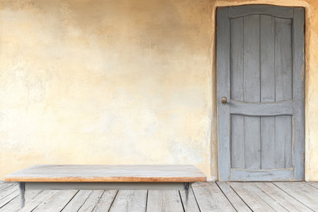 A weathered wooden table sits in front of a gray door on a textured yellow wall. The setting is tranquil featuring simple rustic design elements and natural materials.の素材